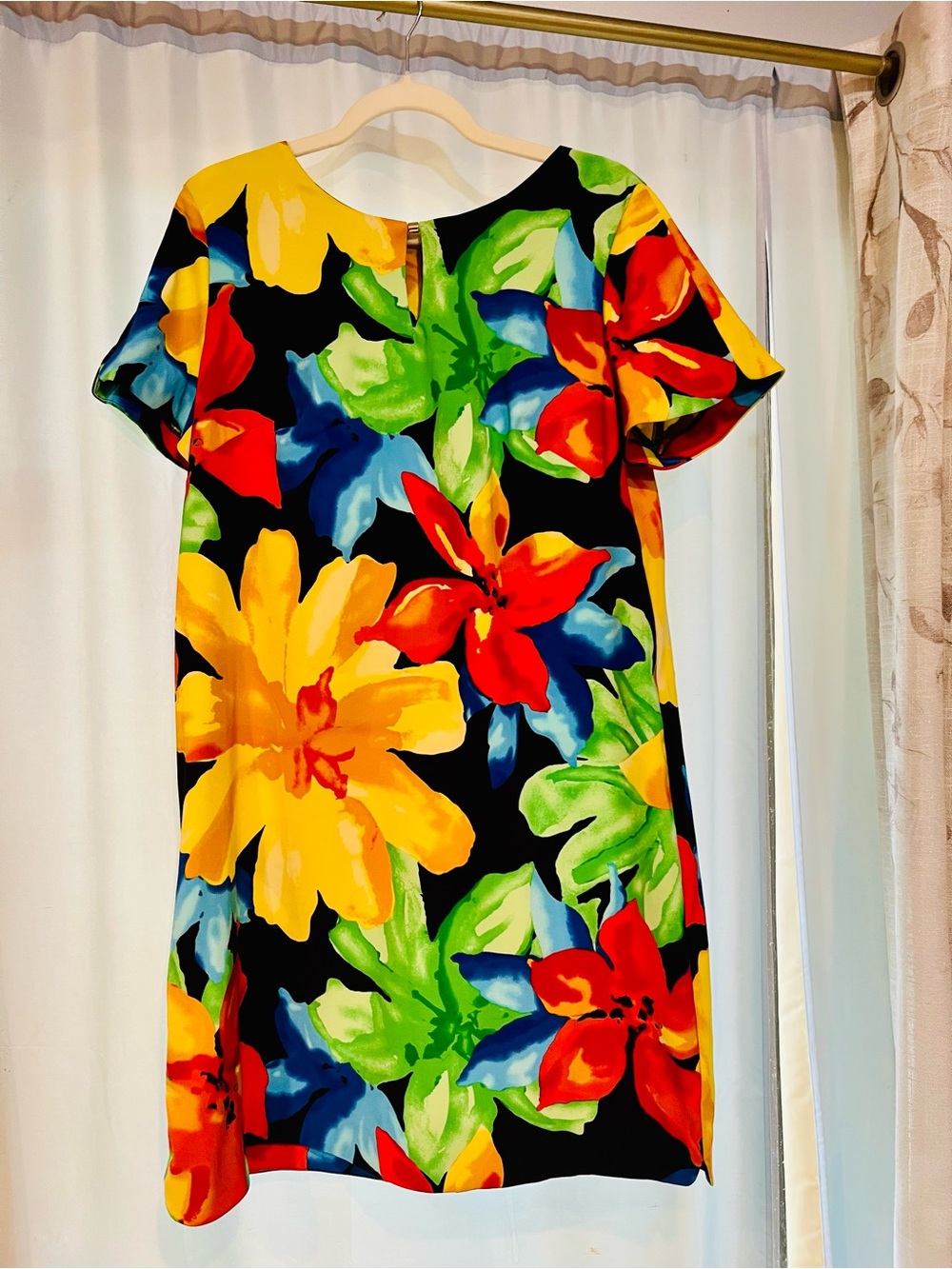 AGB Size 16 Tropical Floral Black Multicolor Shift Dress Short Sleeve